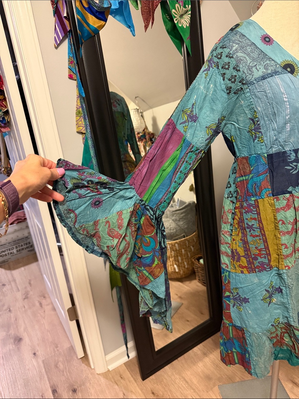 Boho Patchwork V-Neck Long Sleeve Jacket in Teal and Navy - Picture 3 of 9